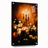 Large abstract wall art depicting vibrant autumn hues on acrylic glass, suitable for bedroom or dining room decor.