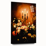 Large abstract wall art depicting fall seasons in orange and brown hues, acrylic print.