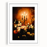 Abstract art print featuring swirling autumnal hues on a white framed canvas, ideal for dining room decor.