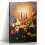 Mid-century modernist art depicting autumn trees, in muted orange and brown tones, framed in silver acrylic.