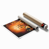 Extra large rolled canvas print featuring a fall-themed floral art in warm orange and brown tones.