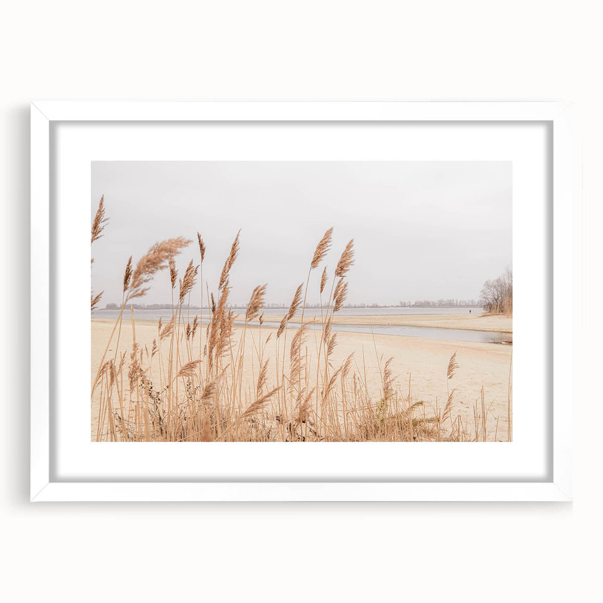 Abstract art print featuring swirling blue and green hues on a white framed canvas.