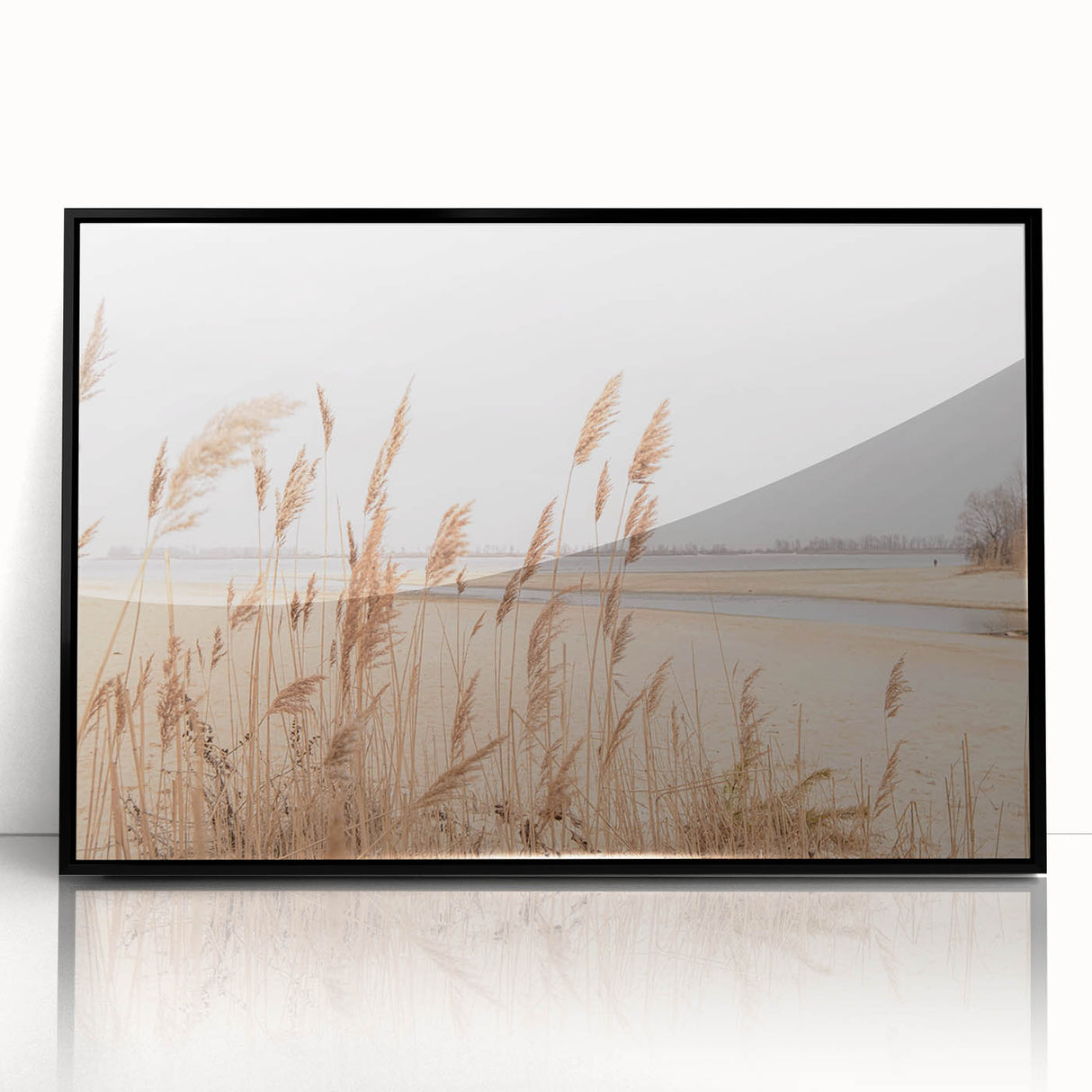 Large abstract wall art featuring mid-century modernist style in vibrant shades of blue and orange on a black framed acrylic…