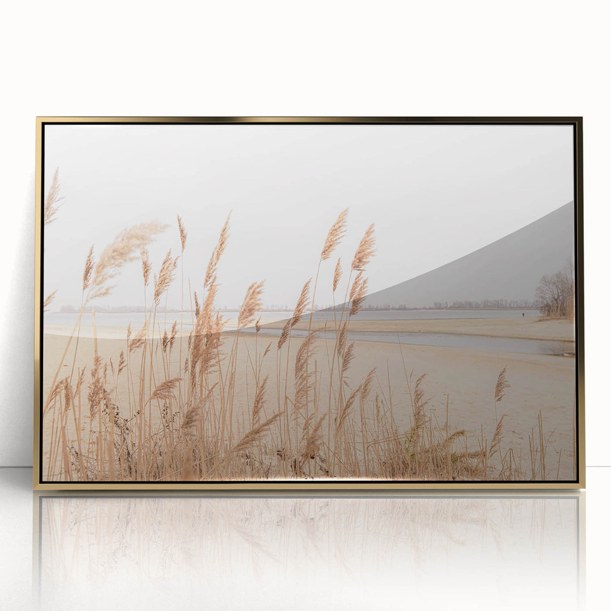Large art print of a mid-century modernist summer scene in acrylic, framed in gold, ideal for nursery wall decor.