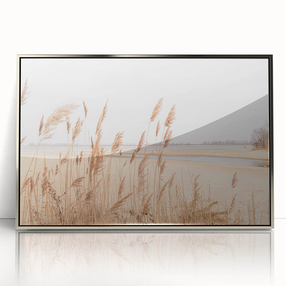 Mid-century modernist art depicting summer season in vibrant colors, framed in silver acrylic, suitable for nursery wall art.