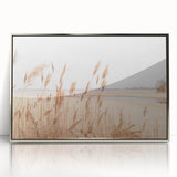 Mid-century modernist art depicting summer season in vibrant colors, framed in silver acrylic, suitable for nursery wall art.