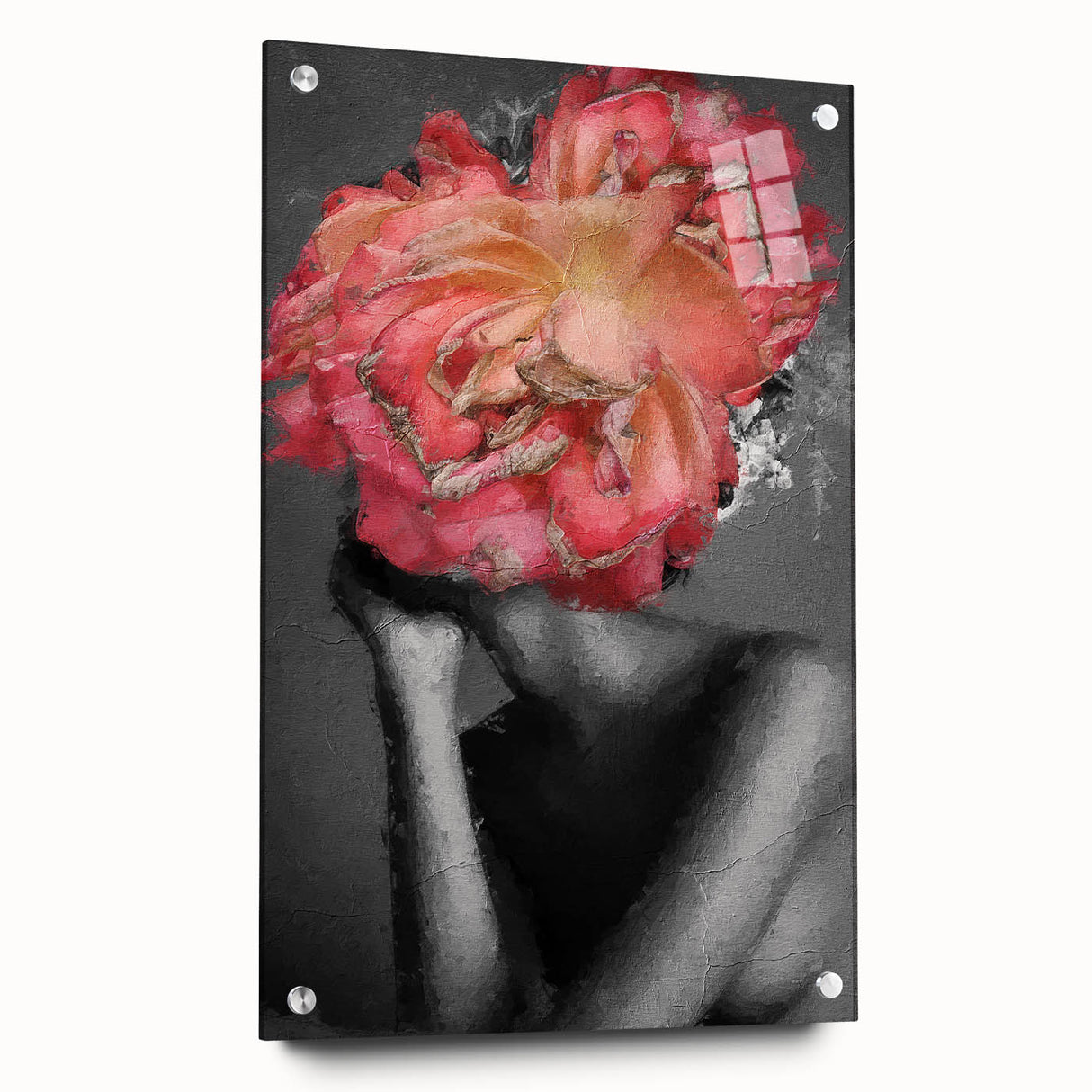 Abstract figurative acrylic artwork displayed from the side, featuring vibrant colors and intricate details, secured with pins for an artistic presentation.