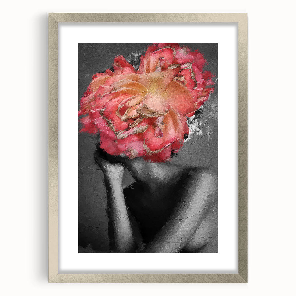Abstract figurative frame with a silver mat showcasing modern art, designed for elegant home decor, ideal for enhancing contemporary interiors.