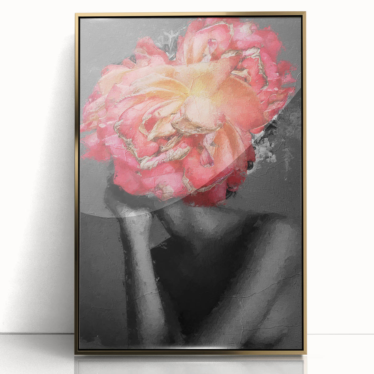 Framed abstract figurative art piece in golden hues, showcasing fluid shapes and dynamic movement, perfect for modern decor and artistic expression.