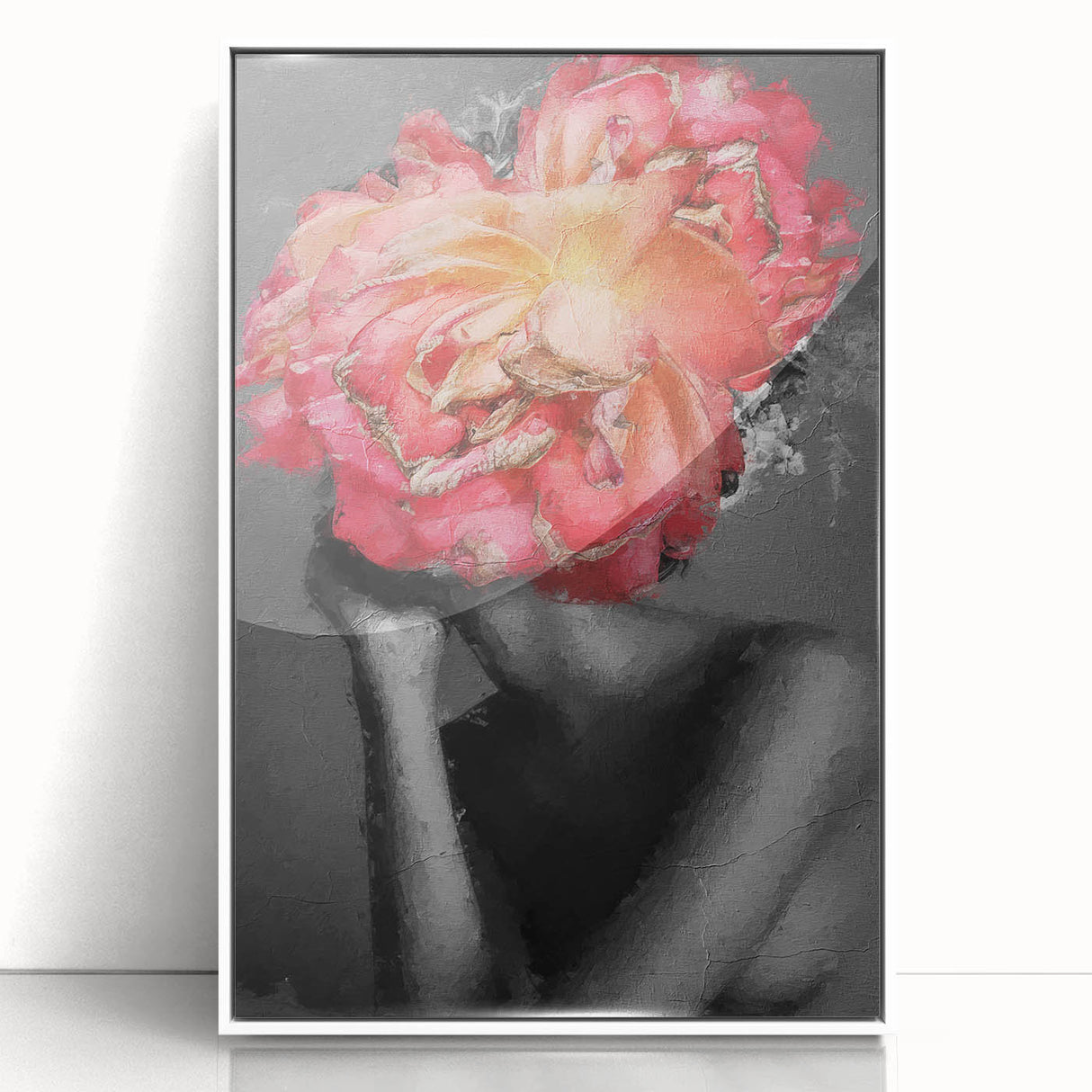 Framed abstract figurative acrylic art piece in a sleek white frame, showcasing vibrant colors and dynamic shapes, perfect for contemporary home decor.
