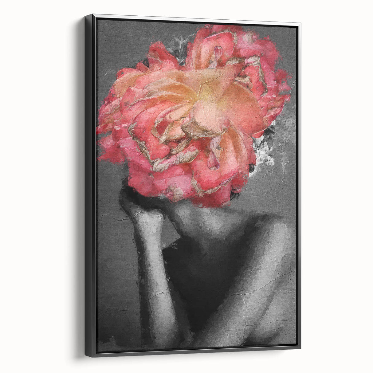 Abstract figurative framed canvas artwork showcasing a dynamic black design, viewed from the side, perfect for modern home decor and artistic expression.