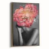 Abstract figurative framed canvas art with gold accents, showcasing a modern design. This side view highlights the elegant frame and artistic details, perfect for contemporary home decor.