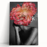 Abstract figurative stretched canvas artwork featuring vibrant colors and dynamic shapes, leaning against a wall, ideal for modern decor.