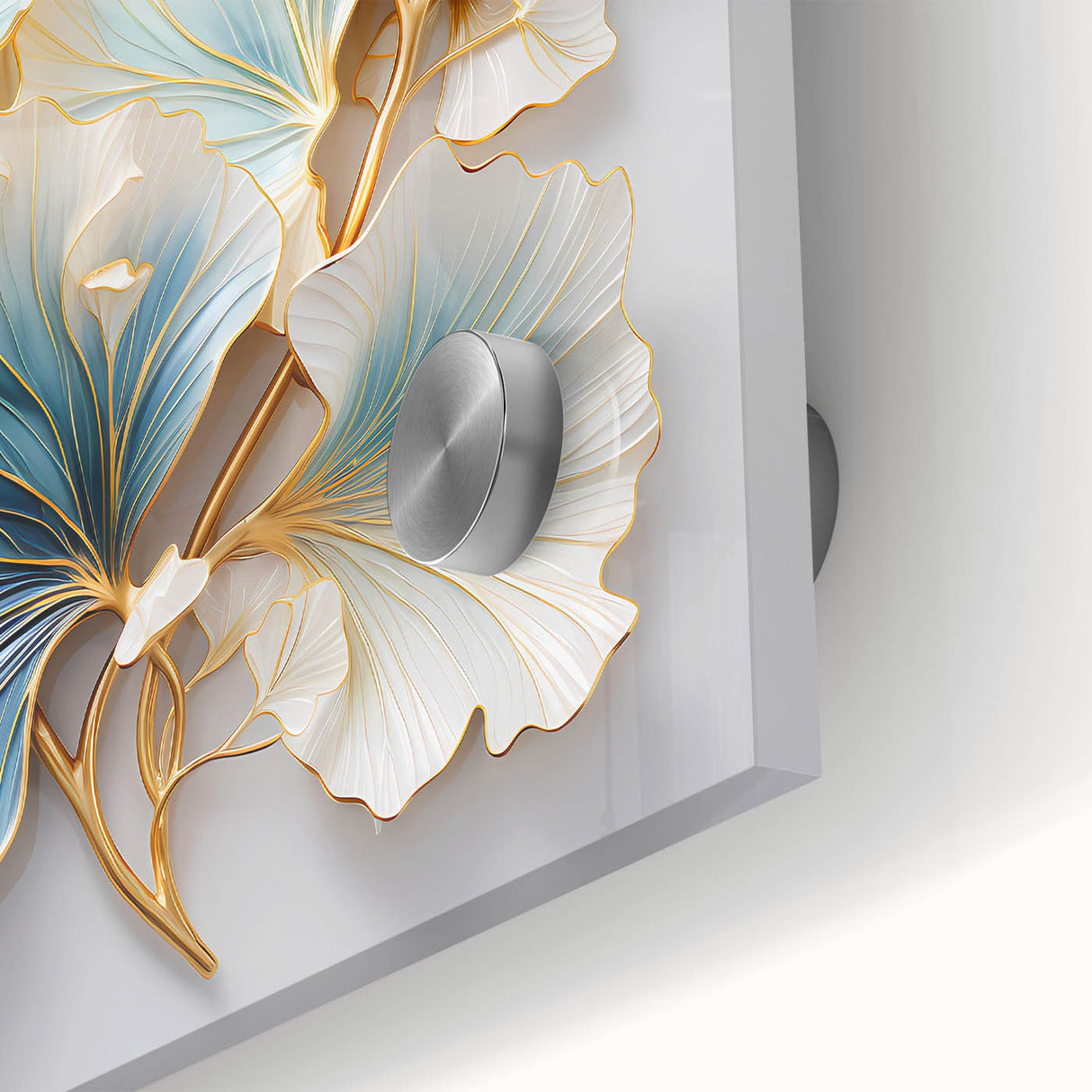 Close-up of abstract floral wall art design featuring vibrant colors and intricate details, printed on acrylic glass, perfect for modern home decor.