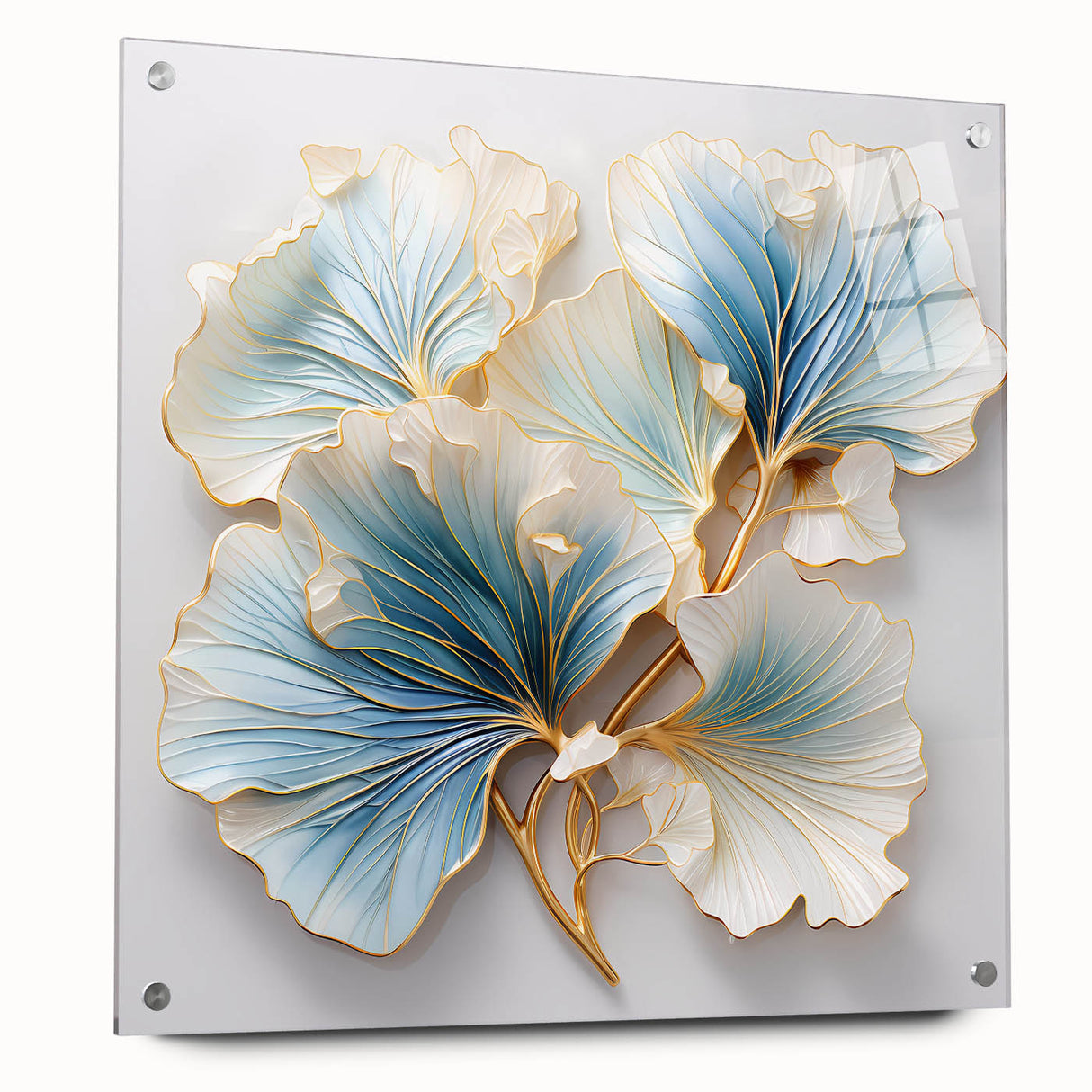 Abstract floral wall art displayed in a sleek acrylic frame, showcasing vibrant colors and intricate designs, perfect for modern home decor. Side view highlights pin details and contemporary aesthetic.