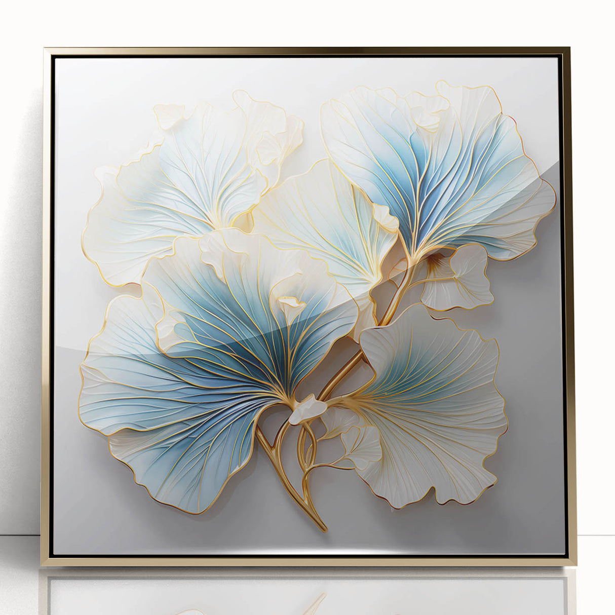 Framed abstract floral wall art featuring vibrant gold accents, set against a sleek black background, perfect for modern home decor and interior design.