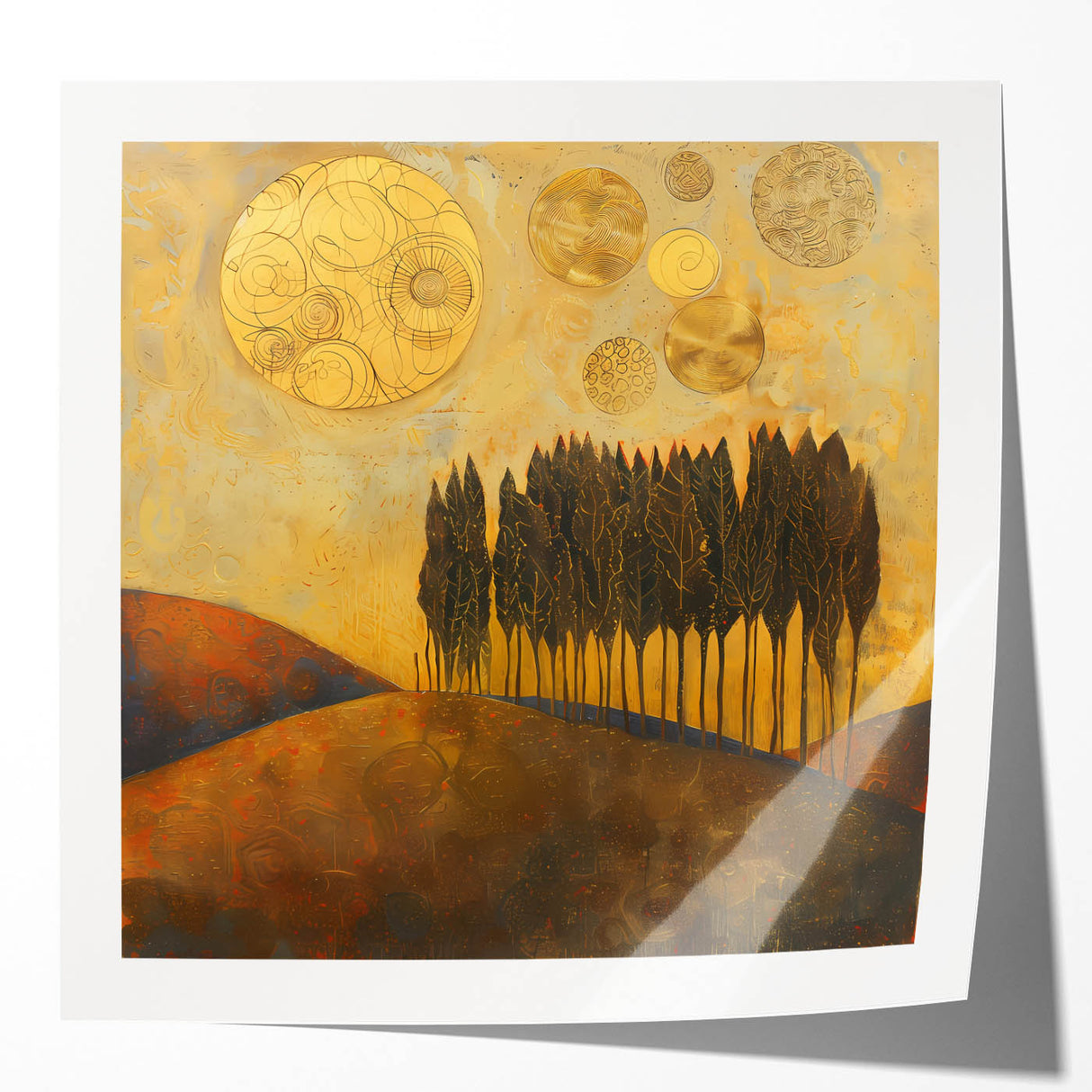 Abstract landscape wall art print showcasing vibrant colors and fluid shapes, designed for modern decor, displayed in a glossy finish to enhance visual appeal.