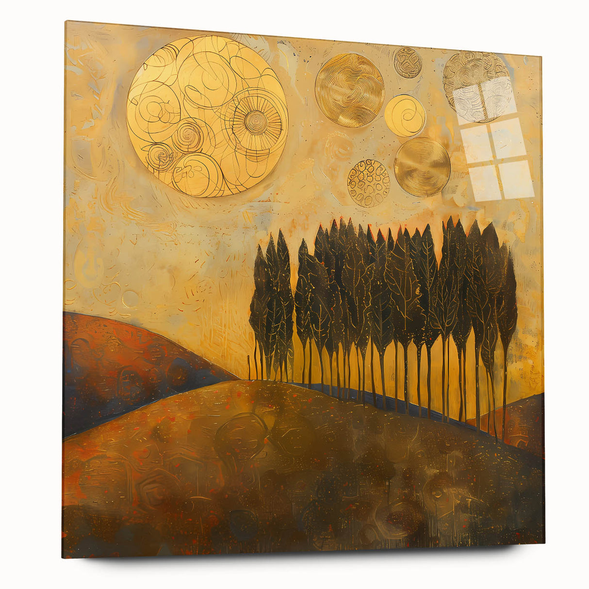 Abstract landscape art print in vibrant colors displayed in a sleek acrylic frame, showcasing a modern design ideal for contemporary home decor.