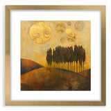 Abstract landscape wall art featuring a gold-framed design with a mat, showcasing vibrant colors and intricate patterns, perfect for home decor enhancement.