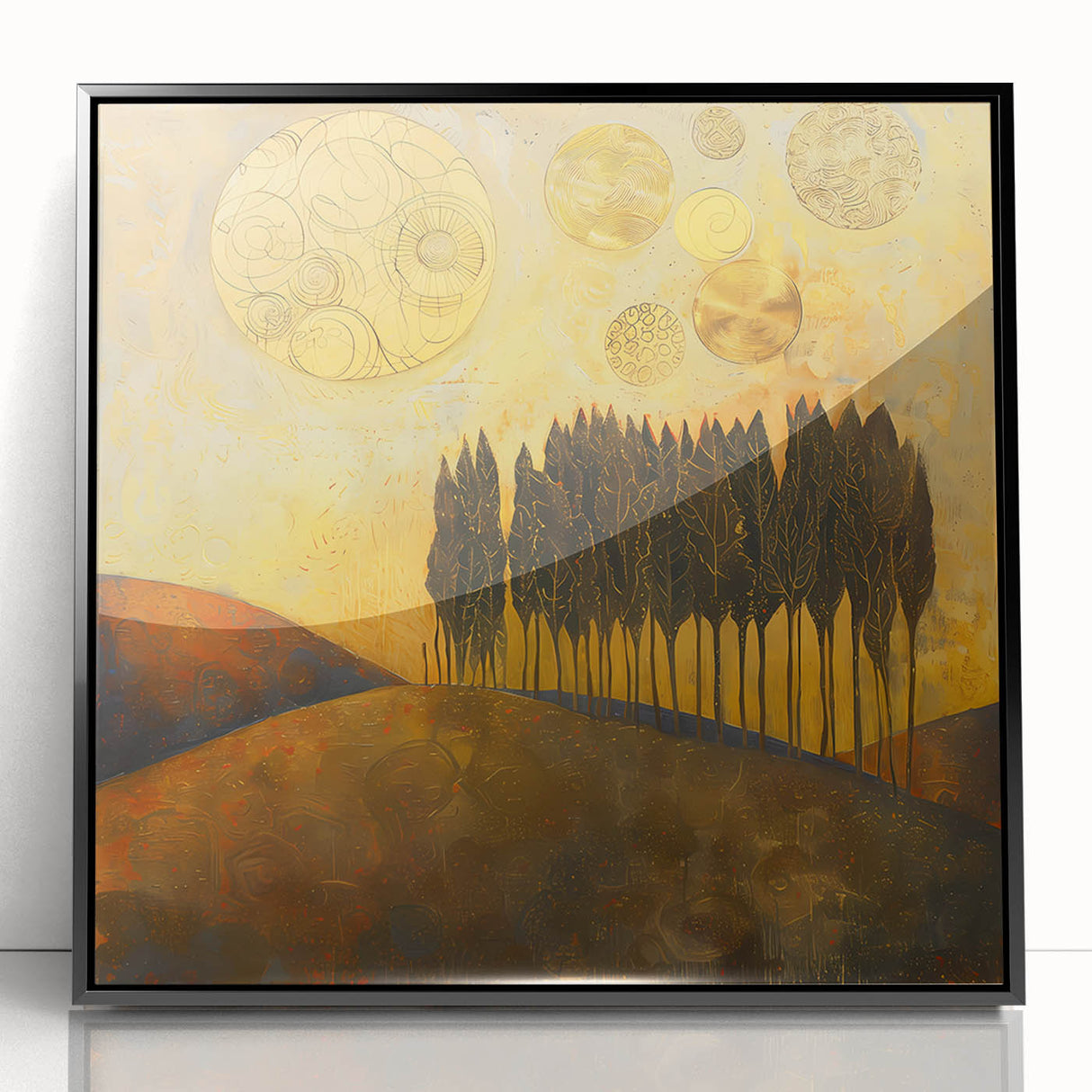 Framed abstract landscape wall art featuring vibrant colors, sleek black frame, and an acrylic finish, perfect for modern home decor and artistic expression.