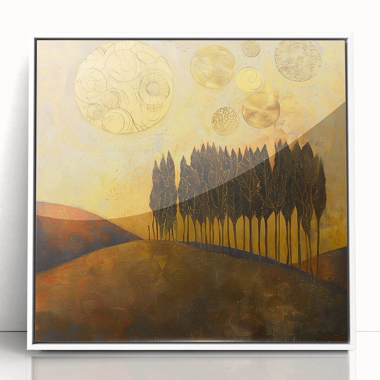 Framed abstract landscape wall art in acrylic with a white border, showcasing vibrant colors and fluid forms, ideal for modern home decor.