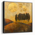 Abstract landscape wall art in a sleek black frame, showcasing vibrant colors and fluid shapes that evoke a serene natural setting, ideal for modern decor.