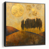 Abstract landscape wall art in a sleek black frame, showcasing vibrant colors and fluid shapes that evoke a serene natural setting, ideal for modern decor.