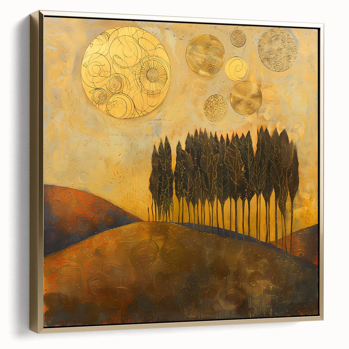Framed abstract landscape wall art featuring silver and gold tones, perfect for modern home decor, enhancing any room with a touch of elegance.