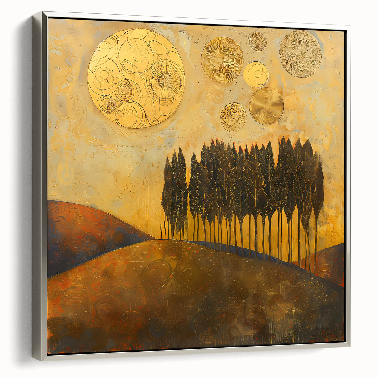 Framed abstract landscape wall art with a silver frame, showcasing vibrant colors and fluid shapes, perfect for modern home decor. The piece adds elegance and a contemporary touch to any living space.