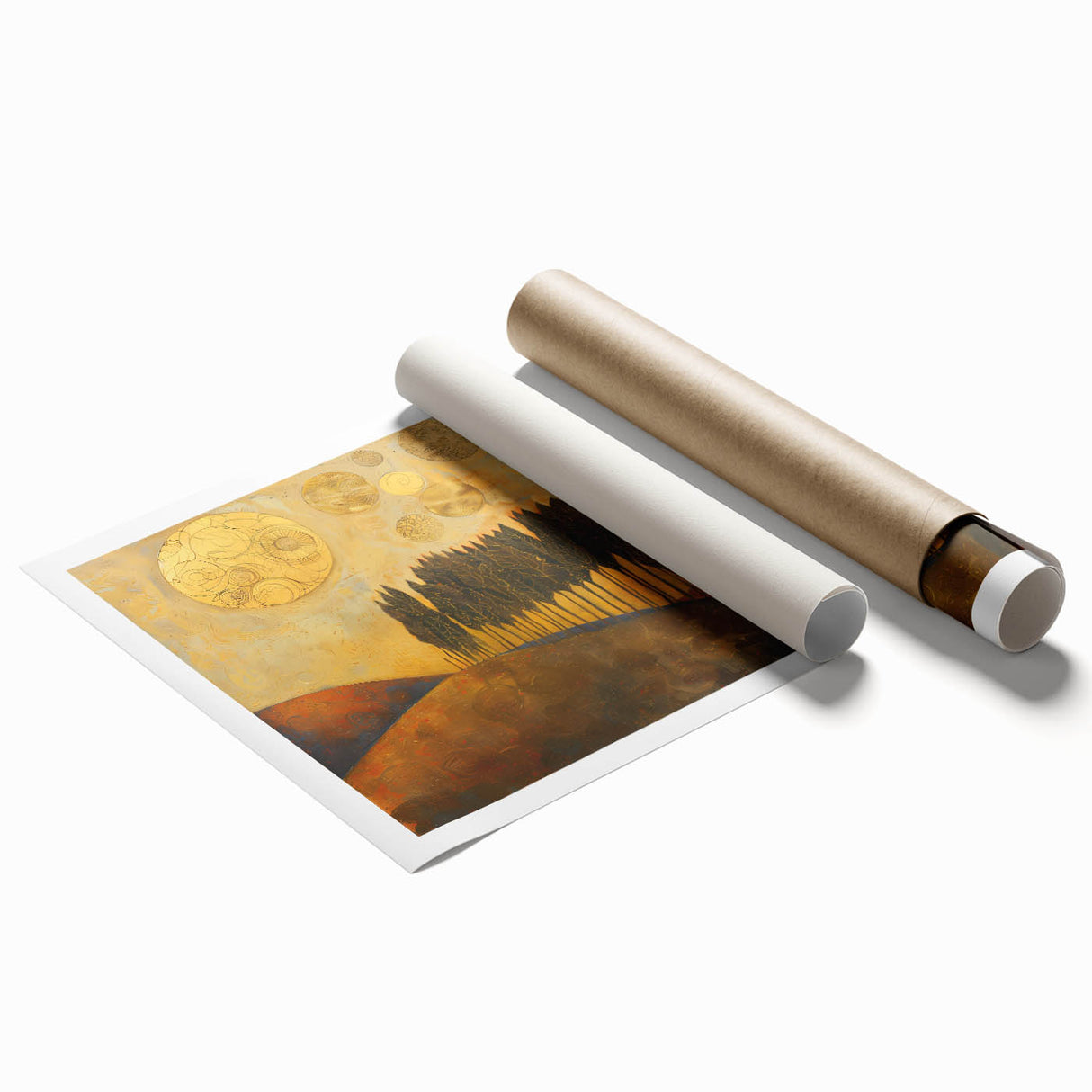 Abstract landscape wall art print showcasing vibrant colors and fluid shapes, rolled and ready for display, ideal for modern home decor enthusiasts.