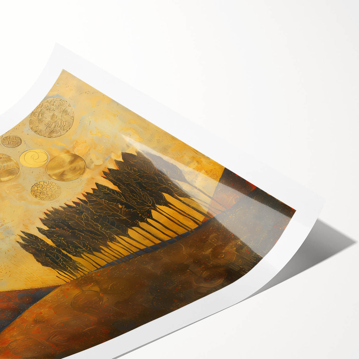 Abstract landscape wall art print showcasing vibrant hues of blue and orange, featuring dynamic shapes and textures, ideal for modern home decor or office spaces.