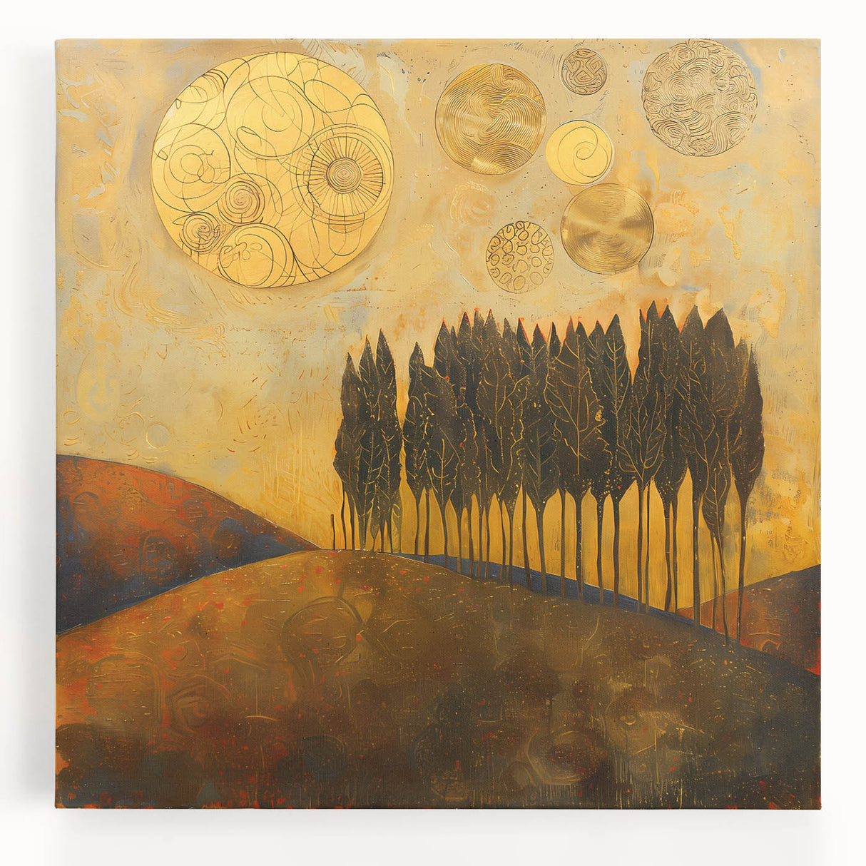 Stretched canvas artwork showcasing an abstract landscape design with vibrant colors and flowing shapes, perfect for modern home decor. Ideal for living rooms or offices.