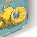 Close-up of large abstract fruit-themed acrylic print in mid-century modernist style, ideal for dining room art.