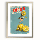 Textured abstract art print featuring assorted fruits in vibrant colors on a silver framed mat, suitable for bedroom decor.