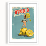 Abstract art print featuring assorted fruits in vibrant colors on a white framed mat, suitable for dining room decor.