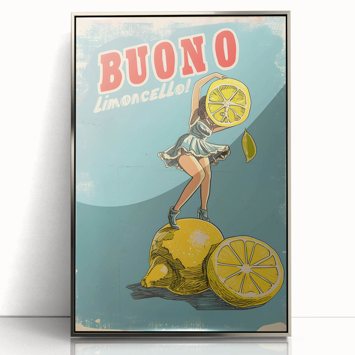 Mid-century modernist art featuring an array of fruits in vibrant colors on a silver-framed acrylic.