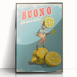 Mid-century modernist art featuring an array of fruits in vibrant colors on a silver-framed acrylic.