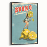 Black and white wall art featuring a vintage poster of assorted fruits on a framed canvas, suitable for bedroom decor.