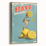 Framed canvas wall art featuring a vintage poster of a fruit landscape in black and gold tones, ideal for bedroom decor.