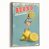 Landscape art painting of colorful fruits in vintage poster style, framed in silver, ideal for kitchen decor.