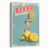 Vintage poster art featuring a colorful array of fruits on extra large framed canvas, ideal for living room decor.