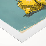 Art deco poster featuring an array of colorful fruits on a rolled canvas, ideal for dining room wall art.