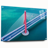 Acrylic glass side view of a modern landscape bridge design, showcasing intricate details and vibrant colors, secured with stylish pins for display. Ideal for contemporary decor.