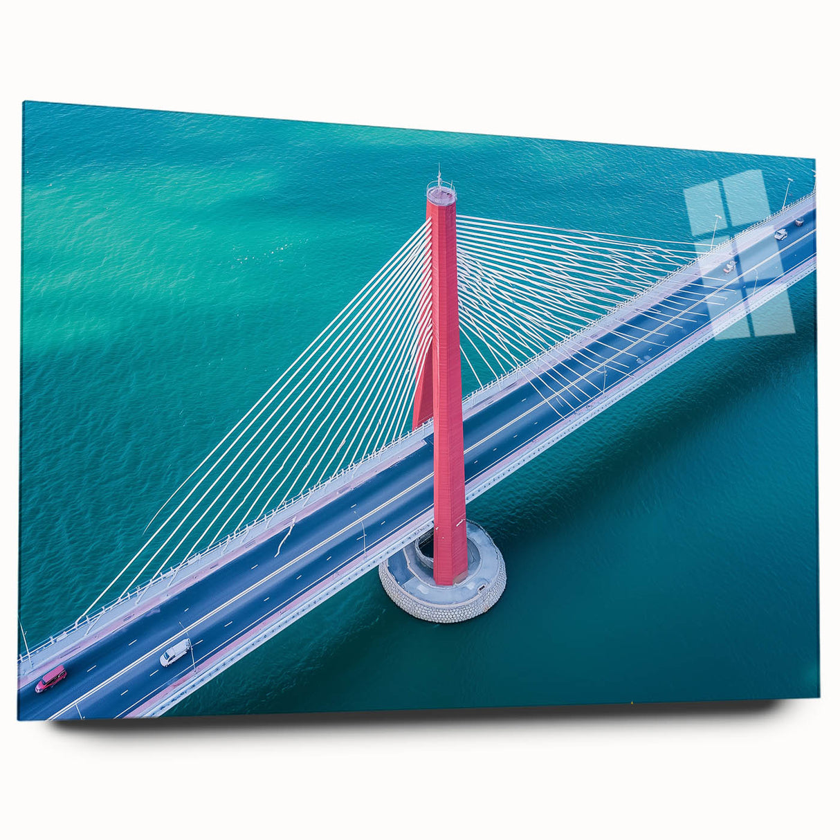 Landscape bridge design in acrylic glass, showcasing a side view without pins, featuring a sleek modern aesthetic and vibrant colors, ideal for decorative purposes.
