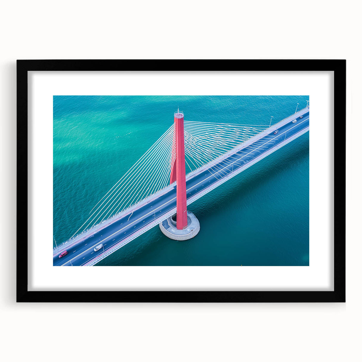 Black landscape bridge frame with a white mat, showcasing a modern aesthetic, perfect for enhancing art displays or photographs in home decor settings.
