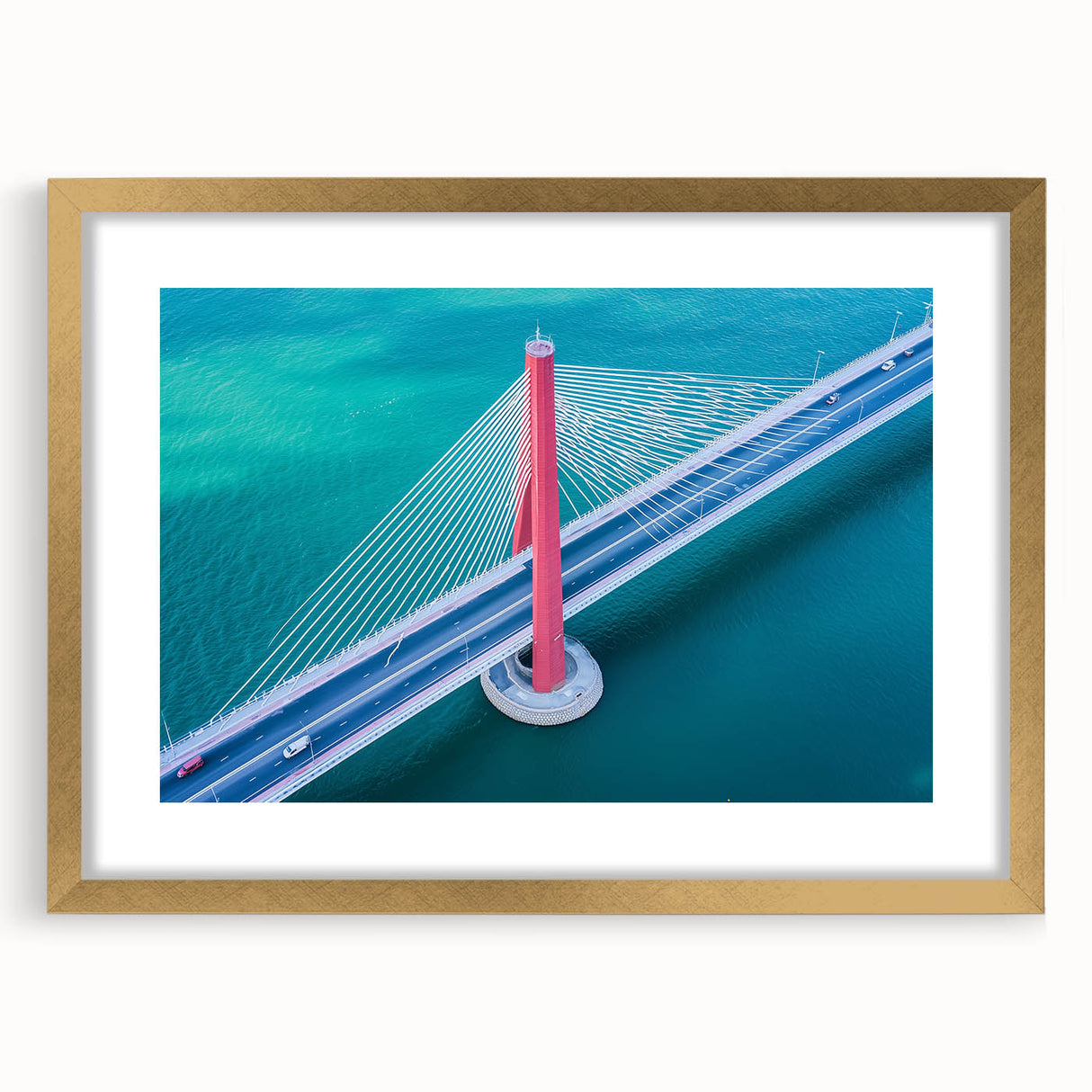 Elegant gold landscape bridge frame with mat, showcasing a stunning front view ideal for home decor. Perfect for enhancing modern interiors with a touch of sophistication.