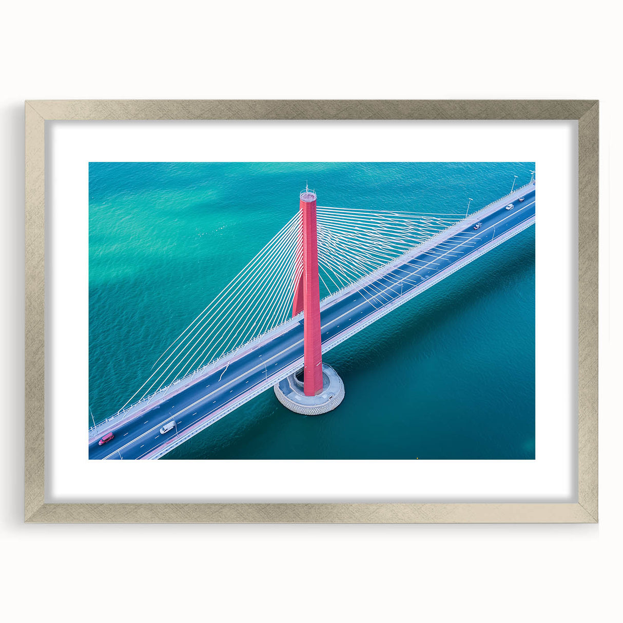 Silver landscape bridge frame with a white mat, showcasing an elegant front view perfect for displaying artwork or photographs in a stylish setting.