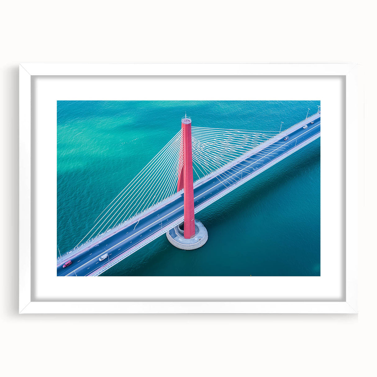 Landscape bridge frame with a white mat, showcasing a modern design in front view, perfect for enhancing home decor and art displays. Ideal for framing photography or artwork.