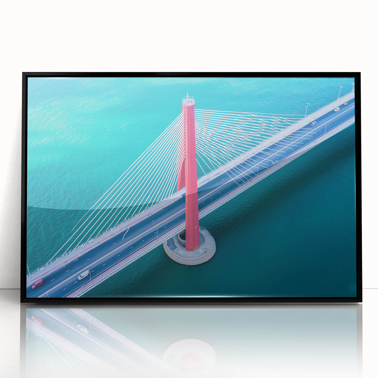 Framed acrylic artwork showcasing a striking landscape bridge design in black, set against a serene natural backdrop, perfect for modern home decor.