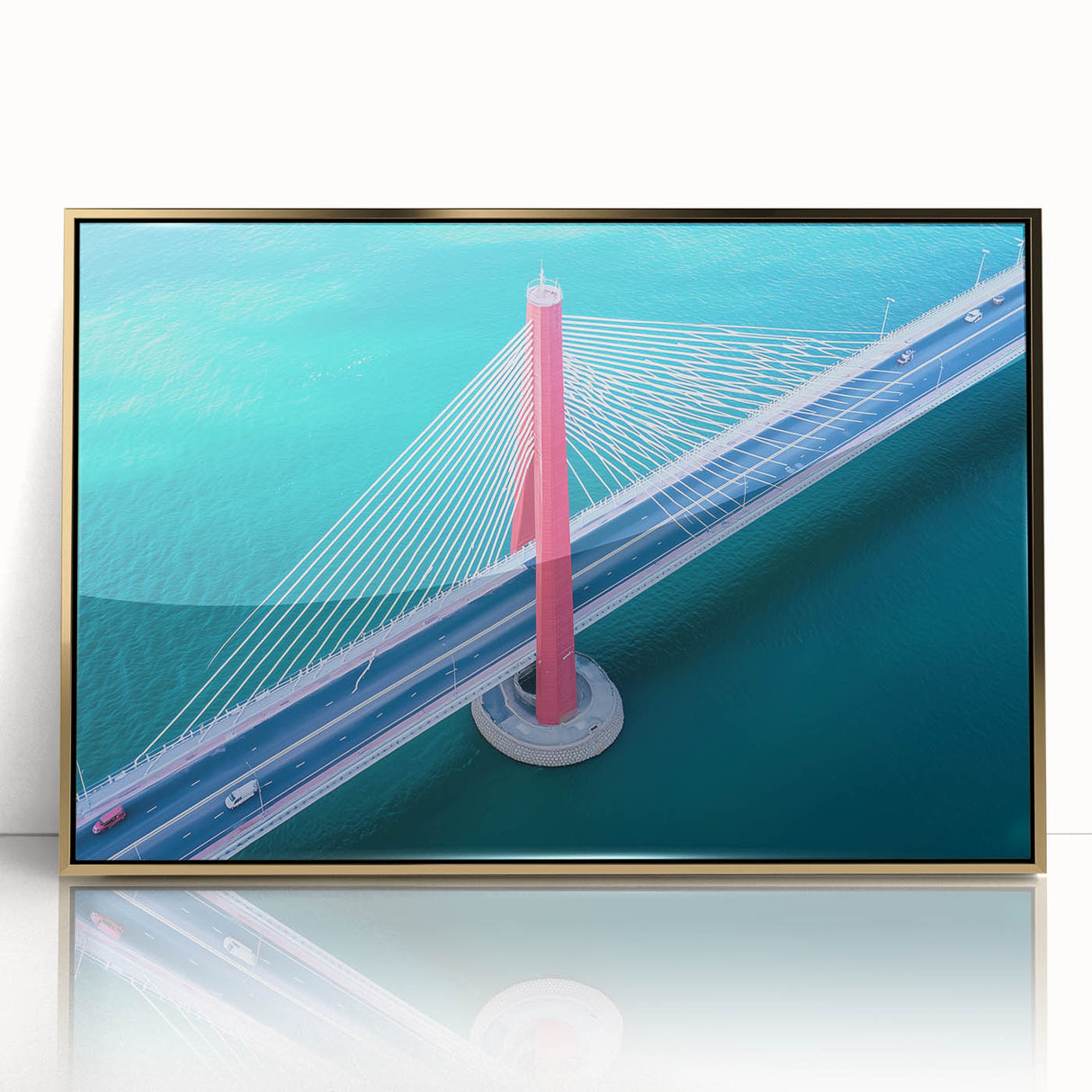 Framed acrylic artwork depicting a stunning landscape bridge with golden hues, showcasing intricate details and textures, ideal for home decor enthusiasts.